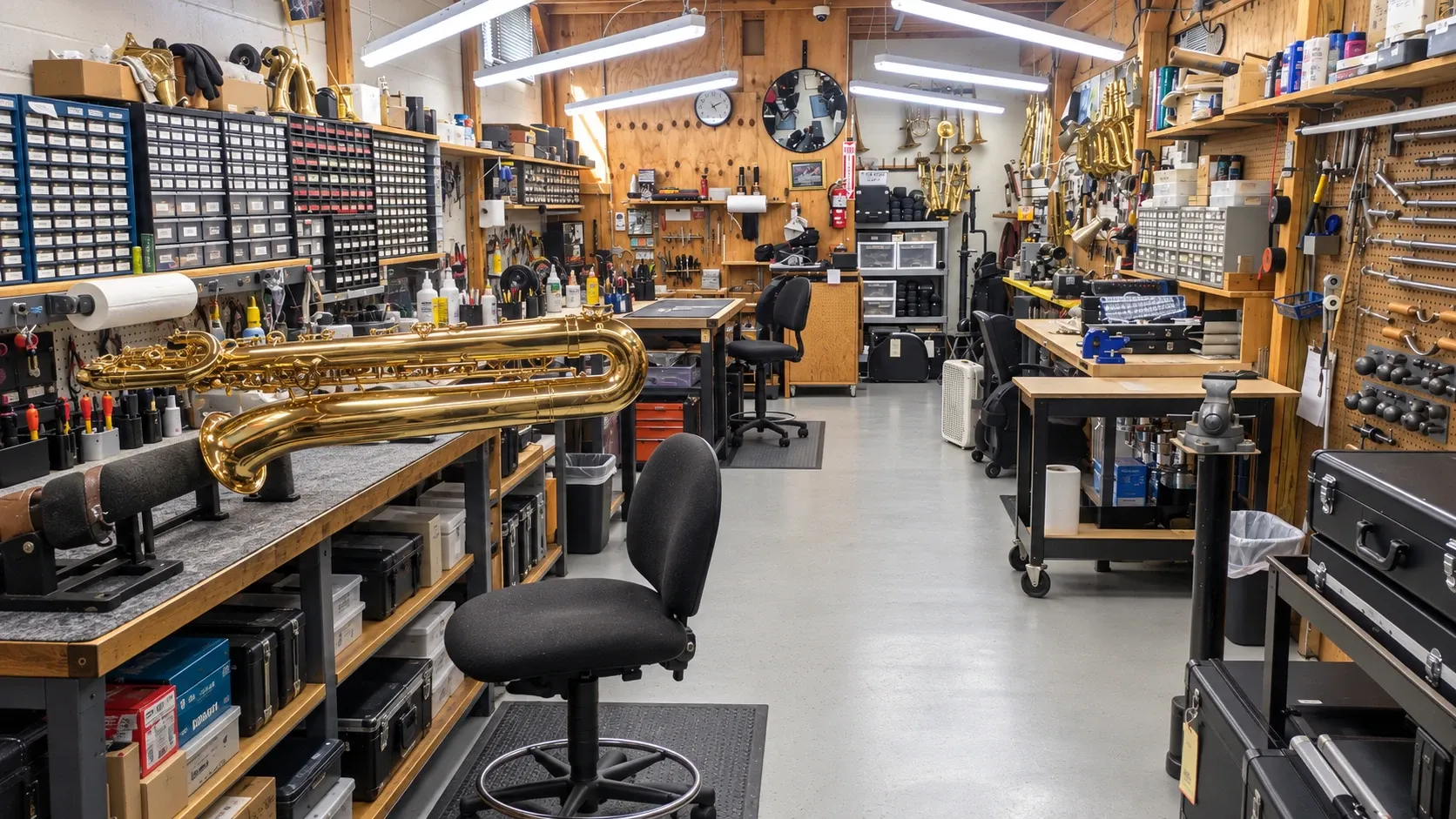 A baritone saxophone resting on a repair bench in the Tunepike shop, with parts drawers and tools on the walls