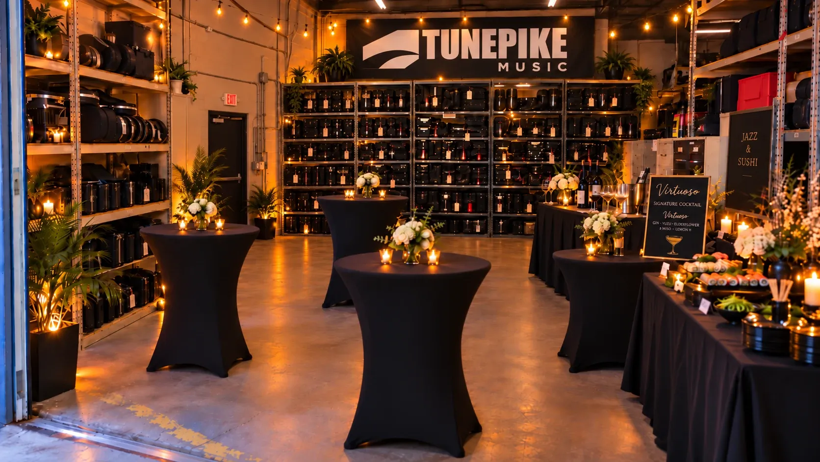 The Tunepike warehouse set for an evening event: cocktail tables with candles and flowers in front of shelves of cased instruments under a Tunepike Music banner