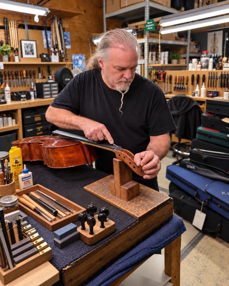 Shawn Goodwin fitting a cello neck at the string bench, hand tools laid out beside him