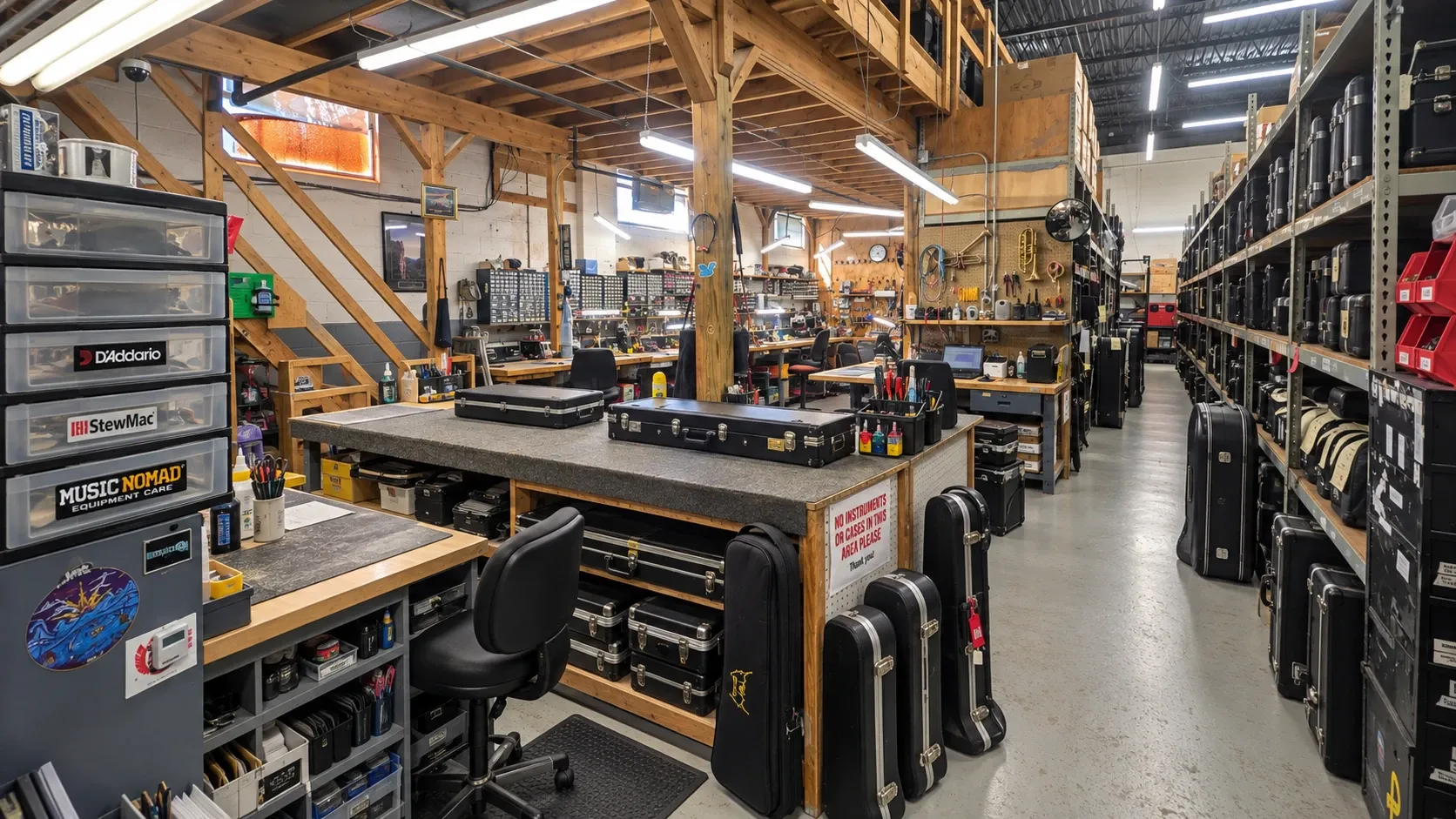 The Tunepike repair shop floor: technician benches under a timber mezzanine, with shelves of cased rental instruments