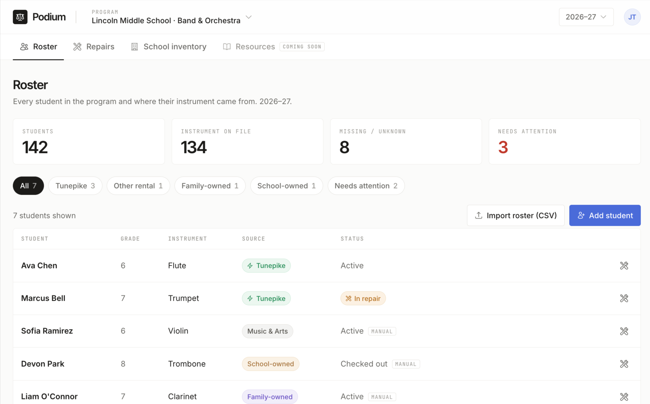 The Tunepike teacher portal showing a school's student roster and instruments